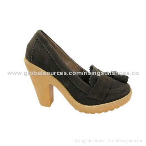 Women's high-heeled dress shoes, suede upper with fringes, rubber platform/heel, various designs
